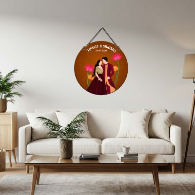 Personalized Couple Wedding Theme Wall Hanging Decoration Couple Portrait with Lotus Flowers Design Wedding, Anniversary, or Engagement Gift for Husband, Wife, & Couples